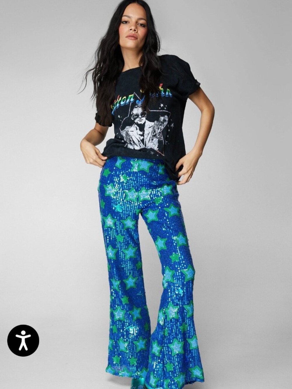 NWT Nasty Gal Festival Rave Party Blue Green Star Sequin Flare Leg Pants Size 4